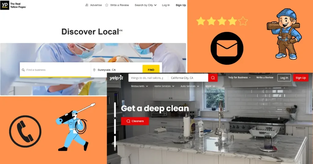 Yellow Pages & Yelp screenshot with contact icons and service provider illustrations.